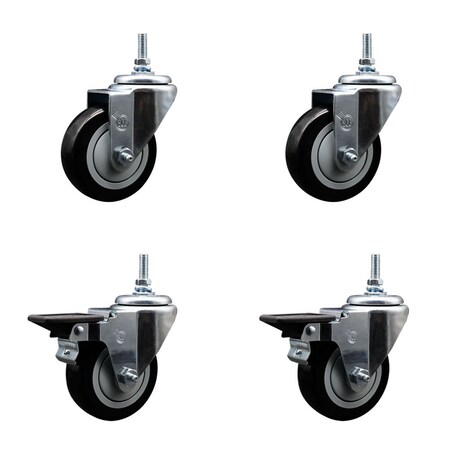 Service Caster 35 Inch Black Polyurethane 12 MM Threaded Stem Caster Set 2 Brakes SCC SCC-TS20S3514-PPUB-BLK-M1215-2-PLB-2